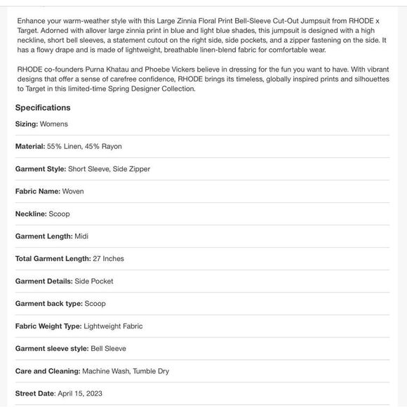 RHODE x Target Large Zinnia Floral Print Bell Sleeve Cut Out Jumpsuit Sz XXL NWT - Picture 10 of 12